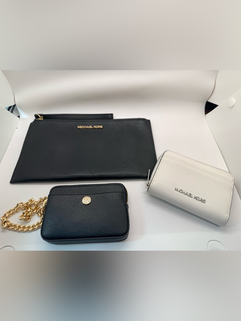 Michael Kors Black & White Leather Wallet Trio with Gold-Tone Accents